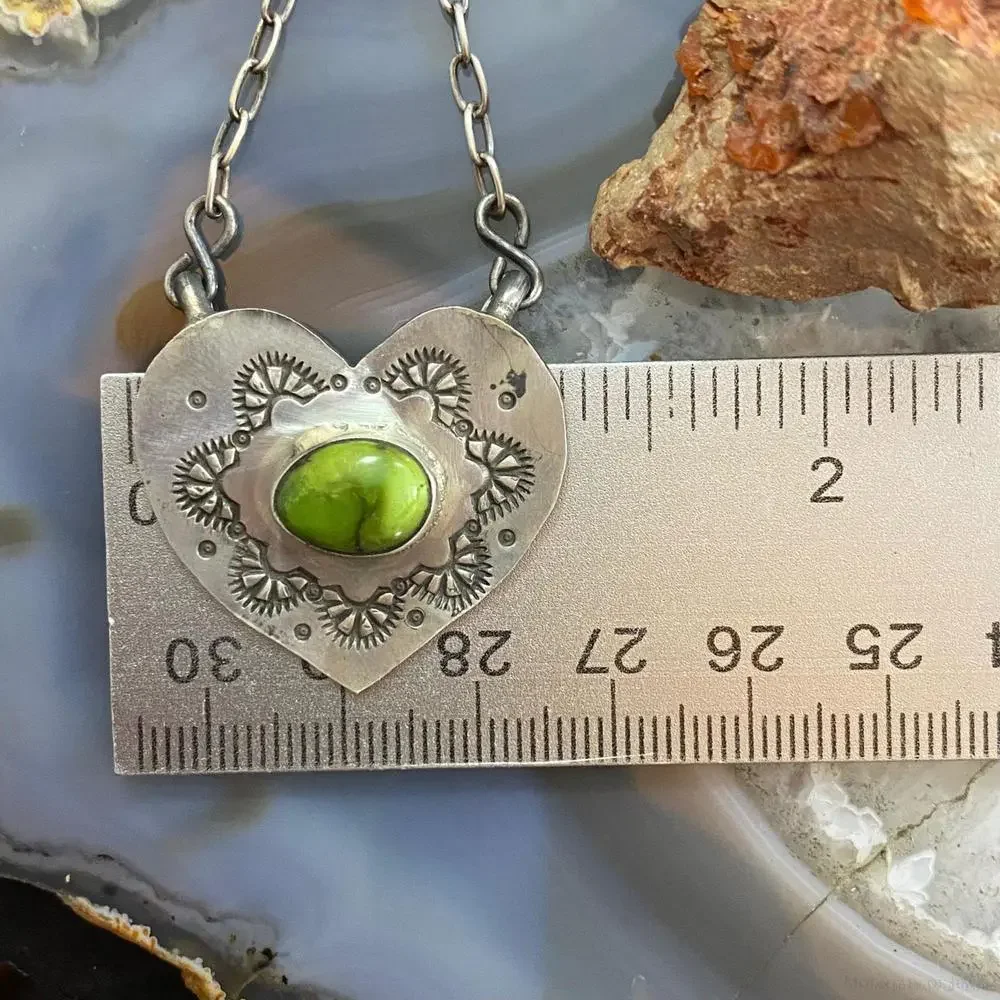 Marie Tsosie Sterling Silver Oval Sonora Gold Turquoise Stamped Heart Necklace - Picture 9 of 10